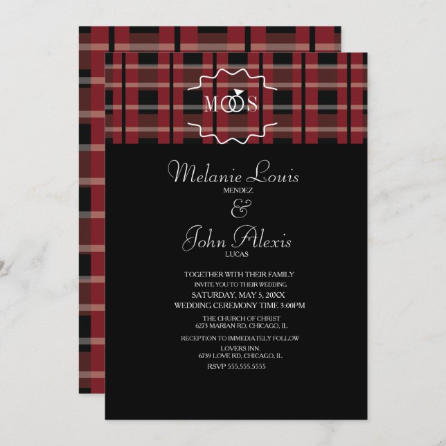 Modern Wine Flannel Tartan Plaid Ring Logo Wedding Invitation (Front/Back)