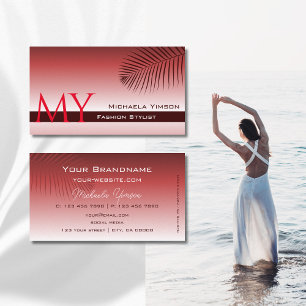 Modern Wine Red Gradient Palm Leaf Monogram Simply Business Card