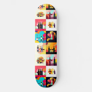 Modern Wine Set Silhouette Collage – Bold Colorful Skateboard