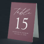 Modern Wine Wedding Table Number<br><div class="desc">Trendy, minimalist wedding table number tent signs featuring white modern lettering with "Table" in modern calligraphy script. The design features a wine background or a colour of your choice. The design repeats on the back. To order the table number tent signs: personalise with your names, wedding date, and table number....</div>