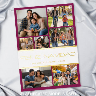 Modern Wine White 7 Photo Collage Feliz Navidad Foil Holiday Card