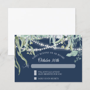 Modern Winery Eucalyptus Twinkle Lights Navy RSVP Invitation