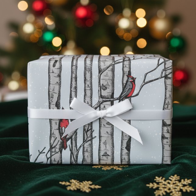 Modern Winter Blue Cardinal Snowy Birch Trees Wrapping Paper (Festive Modern Snow Birch Trees, Red Cardinal Birds Winter Gift Wrap for Christmas. Elegant Red Bird)