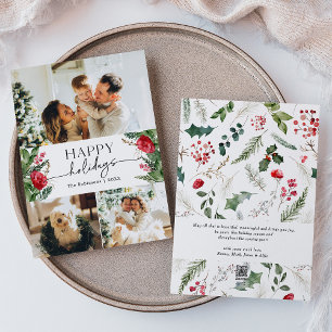 Modern Winter Botanical Custom Message Photo Holiday Card