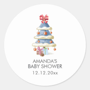 Modern Winter Bow Christmas Tree Baby Shower Classic Round Sticker