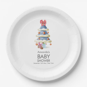 Modern Winter Bow Christmas Tree Baby Shower  Paper Plate