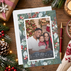 Modern Winter Christmas Green Botanical Photo Holiday Card
