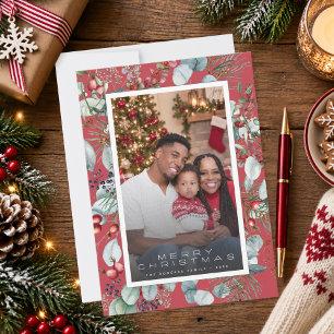 Modern Winter Christmas Red Botanical Photo Holiday Card