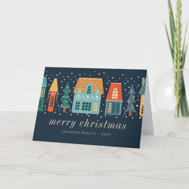 Modern Winter Christmas Town Business Holiday Card (Front)