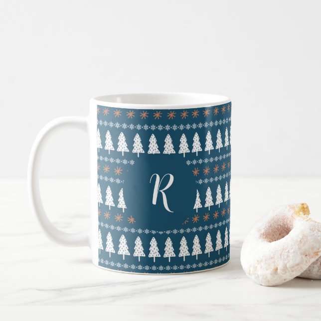 Modern Winter Christmas Tree Pattern Monogram Blue Coffee Mug (With Donut)