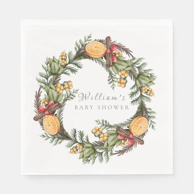 Modern Winter Christmas Wreath Baby Shower Napkin (Front)