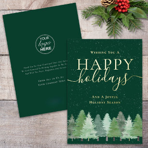 Modern Winter Fir Forest Company Logo Green & Gold Foil Holiday Card