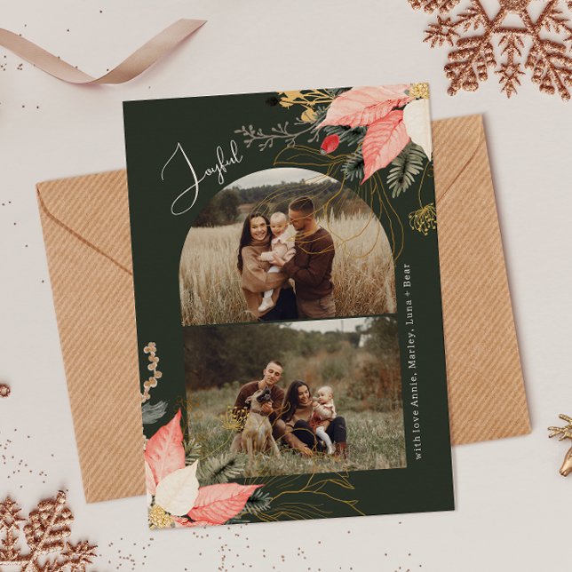 Modern Winter Floral Arch Joyful Two Photo Holiday Card (Creator Uploaded)