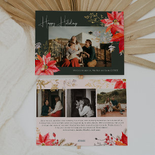 Modern Winter Floral Four Photo Happy Holiday Card