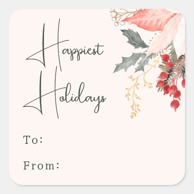 Modern Winter Floral Happiest Holidays To From Square Sticker (Front)