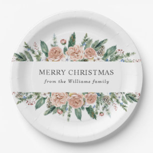 modern winter floral merry christmas paper plates