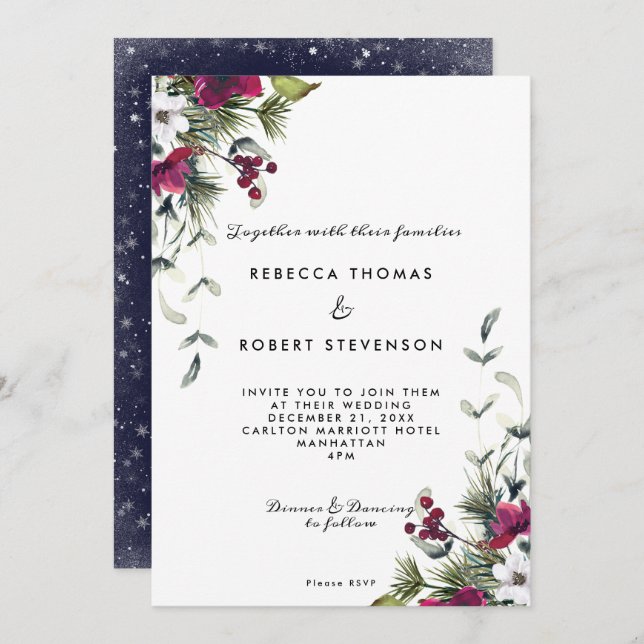 modern winter florals holiday christmas wedding invitation (Front/Back)