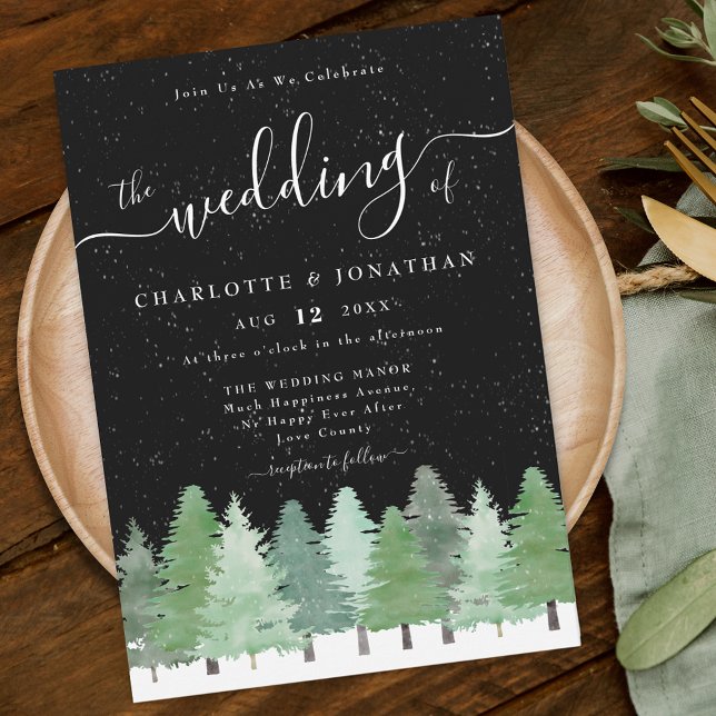 Modern Winter Forest Black & White Wedding Invitation (Elegant modern watercolor Woodland Rustic Winter forest black and white wedding invitation)