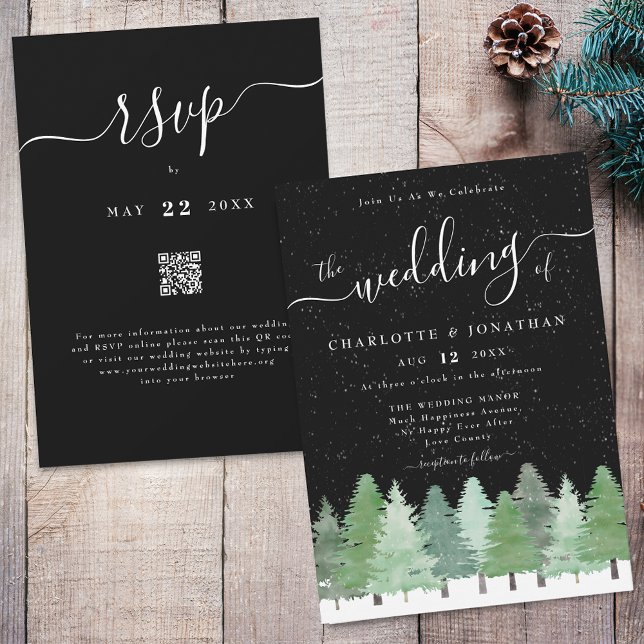 Modern Winter Forest Black & White Wedding Qr Code Invitation (Winter Woodland forest black and white wedding qr code invitation Watercolor evergreen pine trees )