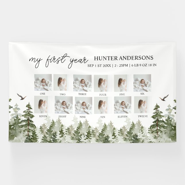 Modern Winter Forest Deer Baby’s First Year Banner (Horizontal)
