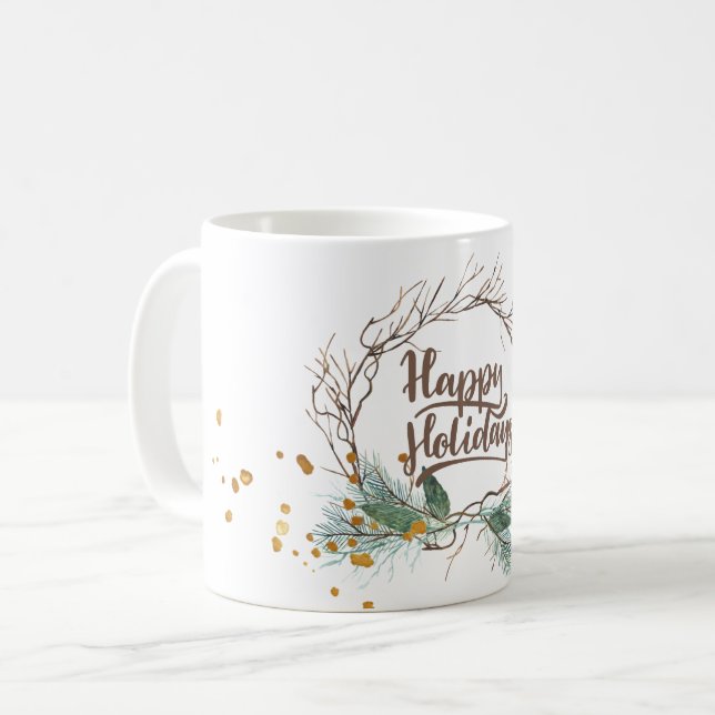 Modern winter forest pine branches wreath holidays coffee mug (Front Left)