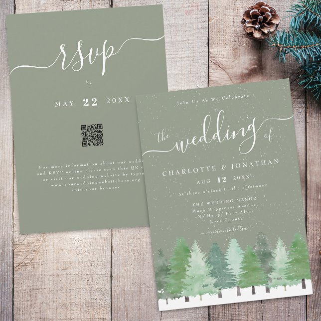 Modern Winter Forest Sage Green Wedding QR Code Invitation (Winter Woodland forest watercolor sage green and white wedding qr code invitation Elegant script)