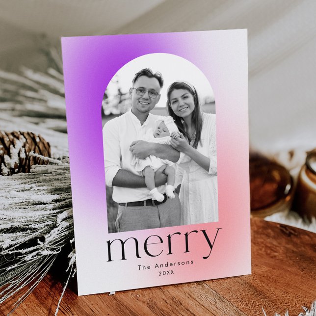 Modern Winter Gradient Purple and Pink 2 Photo Holiday Card (Creator Uploaded)