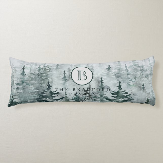  Modern Winter Green Pine Forest Family Monogram Body Cushion (Front)