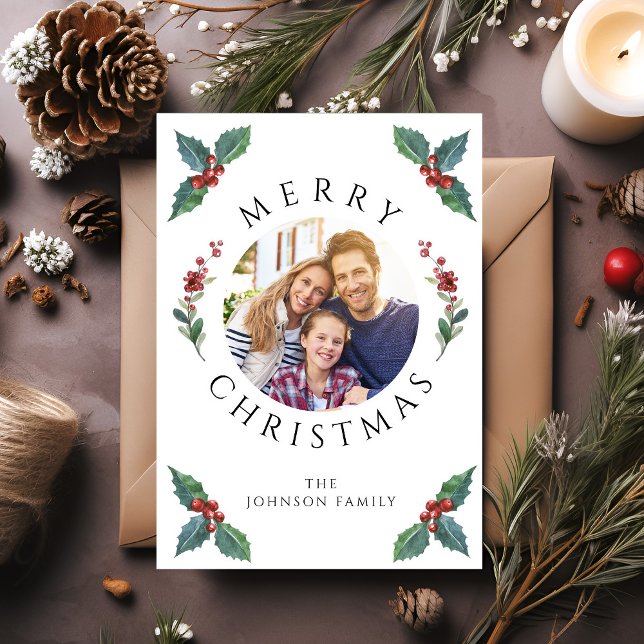 Modern Winter Greenery Christmas Photo  Holiday Card (Modern Winter Greenery Christmas Photo Holiday Card)