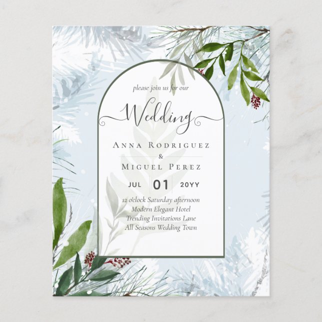 Modern Winter Greenery Gold Wedding Invite Flyer (Front)