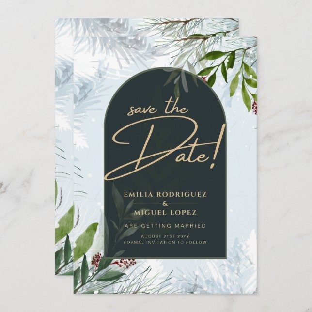 Modern Winter Greenery Wedding Gold Save Date Invitation (Front/Back)