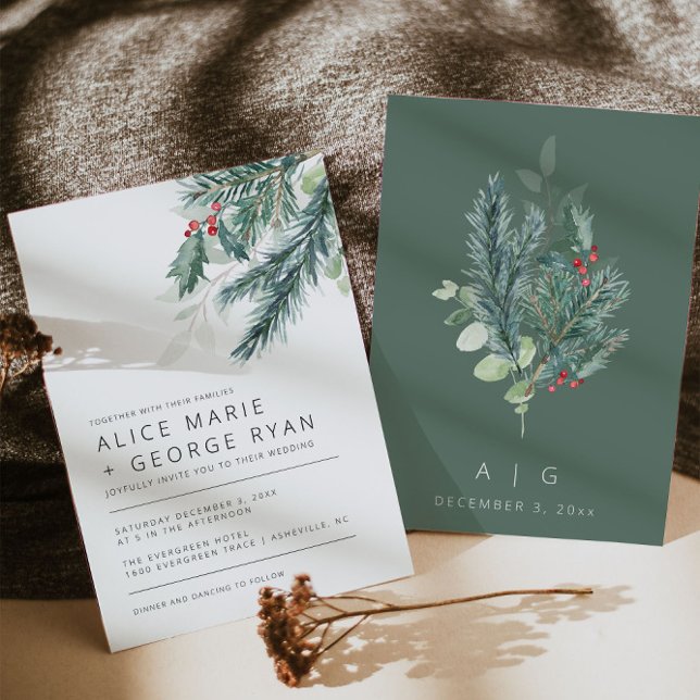 Modern Winter Greenery Wedding Invitation (Creator Uploaded)