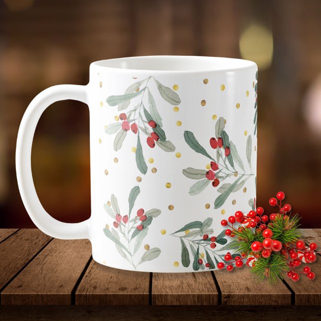 Modern Winter Holiday Botanicals Gold Dots Coffee Mug (Creator Uploaded)