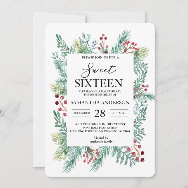 Modern Winter Leaf Frame Greenery Invitation (Front)