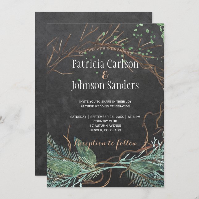 Modern winter nature chalkboard watercolor wedding invitation (Front/Back)