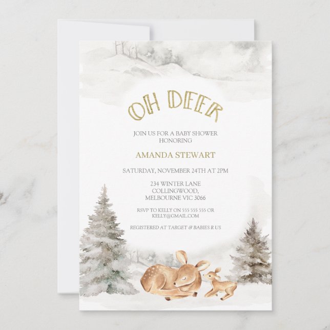 Modern Winter Oh Deer Fawn Baby Shower Invitation (Front)