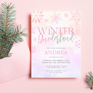 Modern Winter ONEderland Pink Girl 1st Birthday Invitation