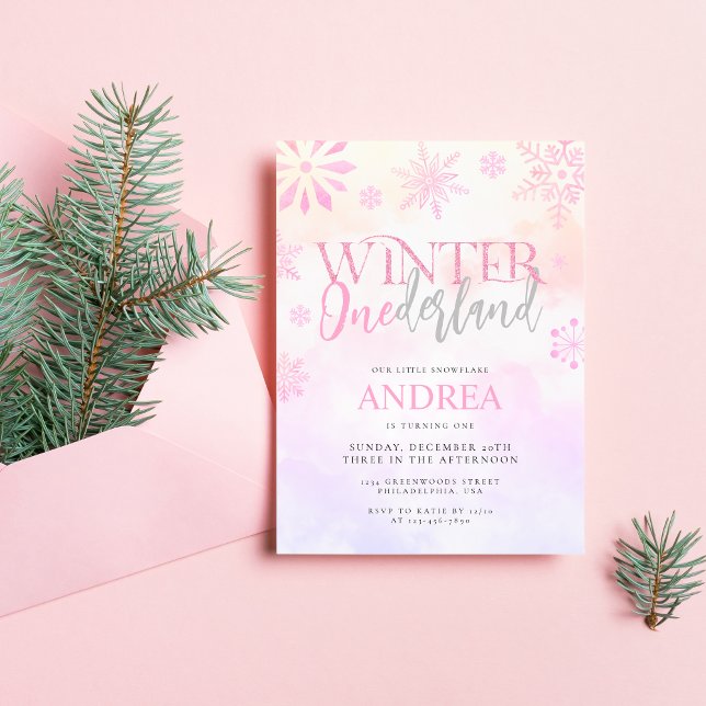 Modern Winter ONEderland Pink Girl 1st Birthday Invitation (Creator Uploaded)
