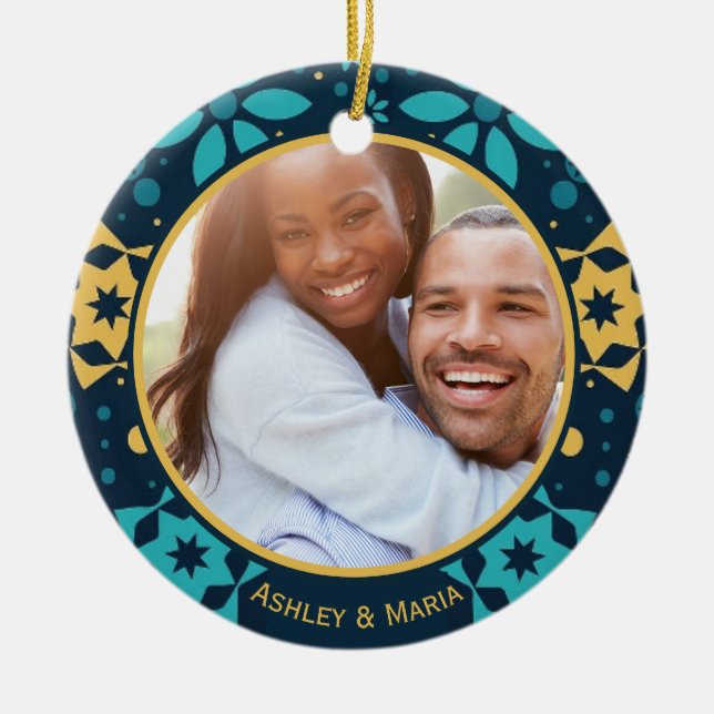 Modern Winter Pattern Blue Christmas Photo Ceramic Ornament (Front)