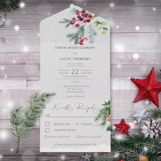 Modern Winter Pine Berries & Snow Grey Dinner All In One Invitation (Creator Uploaded)