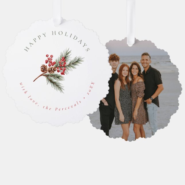 Modern Winter Pine Branch & Berries Photo Tree Decoration Card (Front/Back)