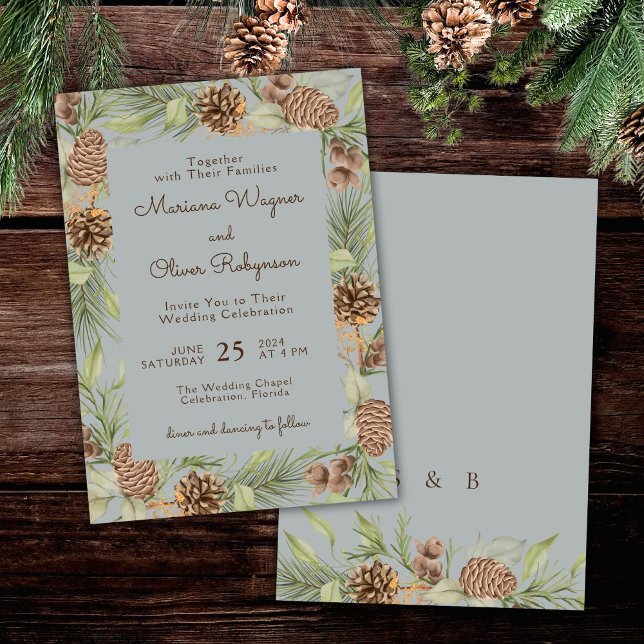 Modern Winter Pine Grey Elegant Wedding Invitation (Creator Uploaded)
