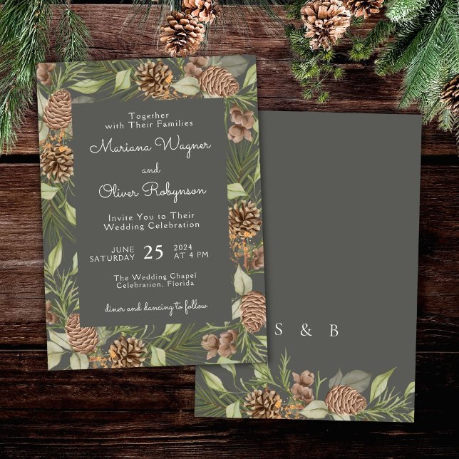 Modern Winter Pine Stone Grey Elegant Wedding Invitation (Creator Uploaded)
