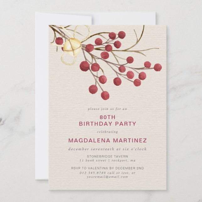 Modern Winter Red Berry 80th Birthday Party Invitation (Front)