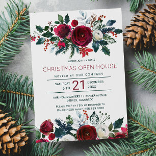 Modern winter red flowers Christmas open house Invitation