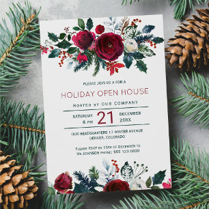 Modern winter red flowers holiday open house invitation