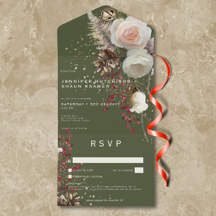 Modern Winter Roses & Red Berries Green No Dinner All In One Invitation