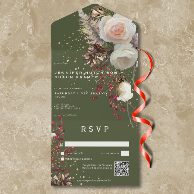 Modern Winter Roses & Red Berries Green QR Code All In One Invitation (Modern Winter Roses & Red Berries Green QR Code All In One Invitation)