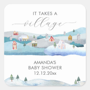 Modern Winter Snow It Takes A Village Baby Shower  Square Sticker