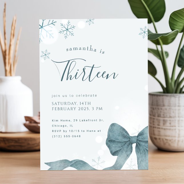 Modern Winter Snowflake Bow 13th Birthday Party Invitation (Creator Uploaded)